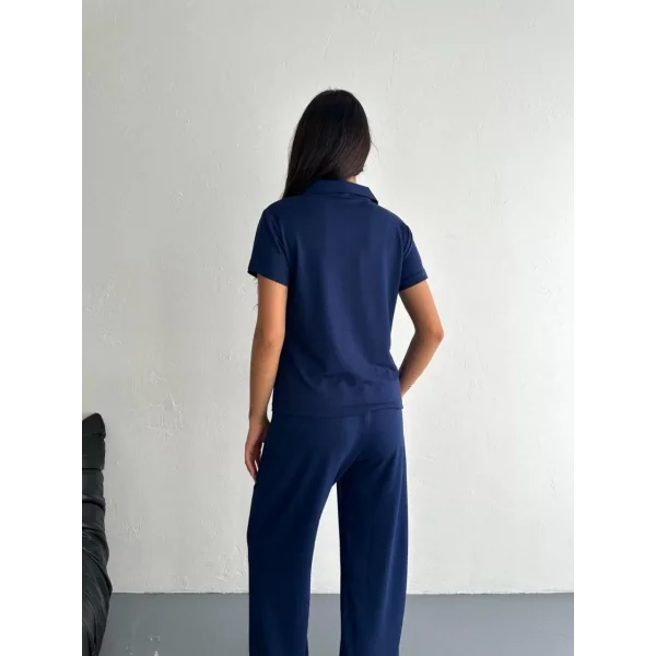 Osy Modal Yumuşak Dokulu Kumaş Kısa Kollu Yakalı T-shirt Pantalon ikili Takım- Lacivert