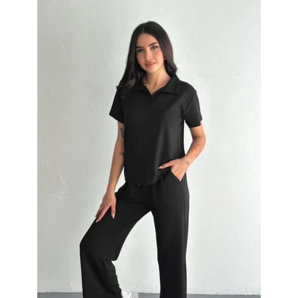 Osy Modal Yumuşak Dokulu Kumaş Kısa Kollu Yakalı T-shirt Pantalon Ikili Takım- Siyah