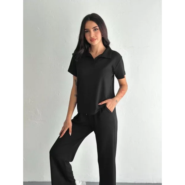 Osy Modal Yumuşak Dokulu Kumaş Kısa Kollu Yakalı T-shirt Pantalon ikili Takım- Siyah