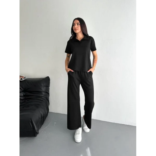 Osy Modal Yumuşak Dokulu Kumaş Kısa Kollu Yakalı T-shirt Pantalon Ikili Takım- Siyah
