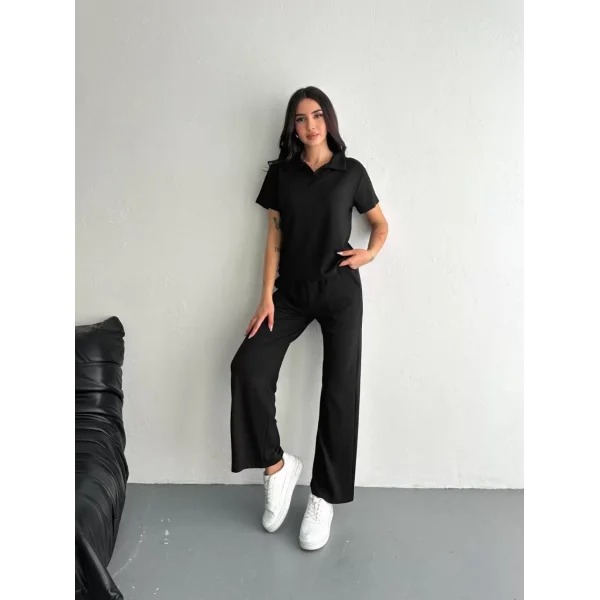 Osy Modal Yumuşak Dokulu Kumaş Kısa Kollu Yakalı T-shirt Pantalon ikili Takım- Siyah