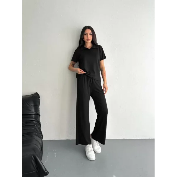 Osy Modal Yumuşak Dokulu Kumaş Kısa Kollu Yakalı T-shirt Pantalon ikili Takım- Siyah