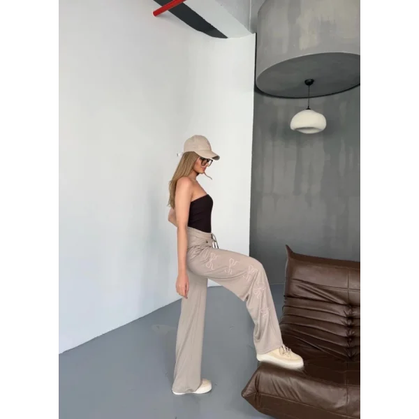 Osy Modal Yumuşak Dokulu Kumaş Nakış Işlemeli Rahat Bol Paça Eşofman Pantalon - Bej