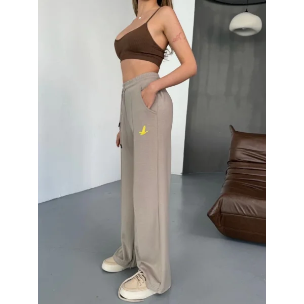 Osy Modal Yumuşak Dokulu Kumaş Nakış Işlemeli Rahat Bol Paça Eşofman Pantalon - Bej