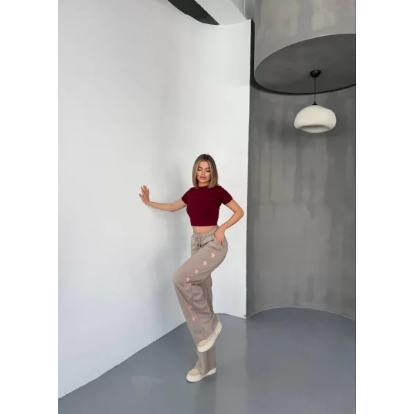 Osy Modal Yumuşak Dokulu Kumaş Nakış işlemeli Rahat Bol Paça Eşofman Pantalon - Bej