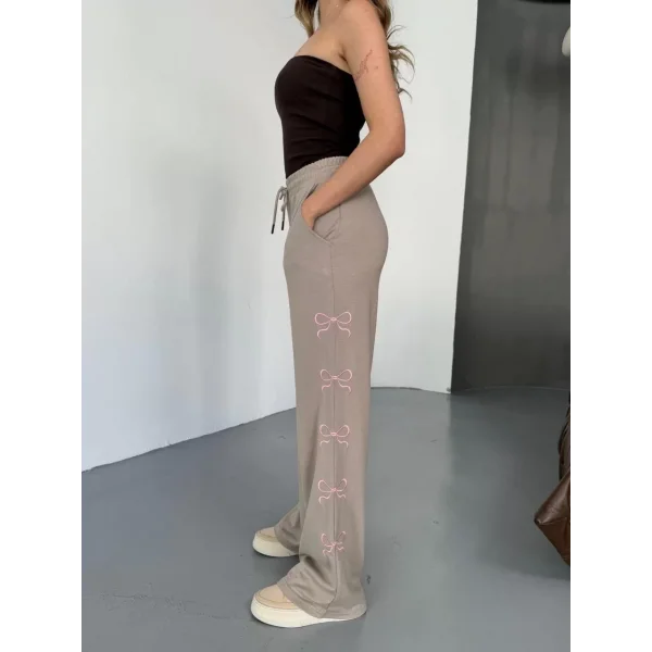 Osy Modal Yumuşak Dokulu Kumaş Nakış işlemeli Rahat Bol Paça Eşofman Pantalon - Bej