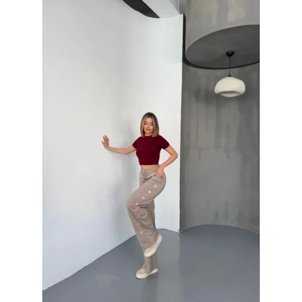 Osy Modal Yumuşak Dokulu Kumaş Nakış Işlemeli Rahat Bol Paça Eşofman Pantalon - Bej