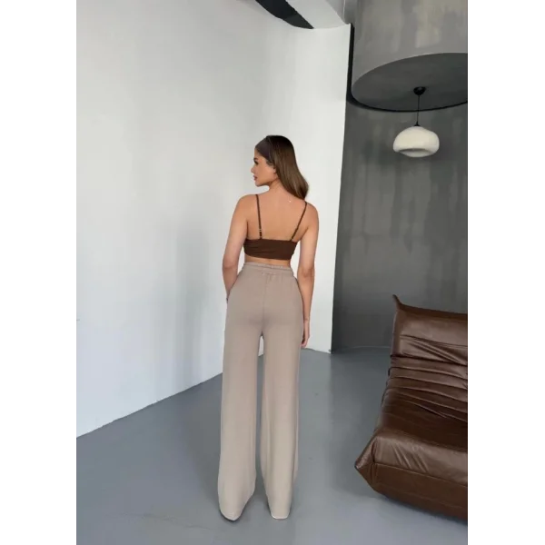 Osy Modal Yumuşak Dokulu Kumaş Nakış Işlemeli Rahat Bol Paça Eşofman Pantalon - Bej