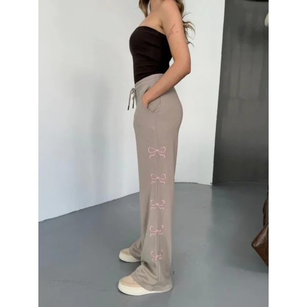 Osy Modal Yumuşak Dokulu Kumaş Nakış Işlemeli Rahat Bol Paça Eşofman Pantalon - Bej