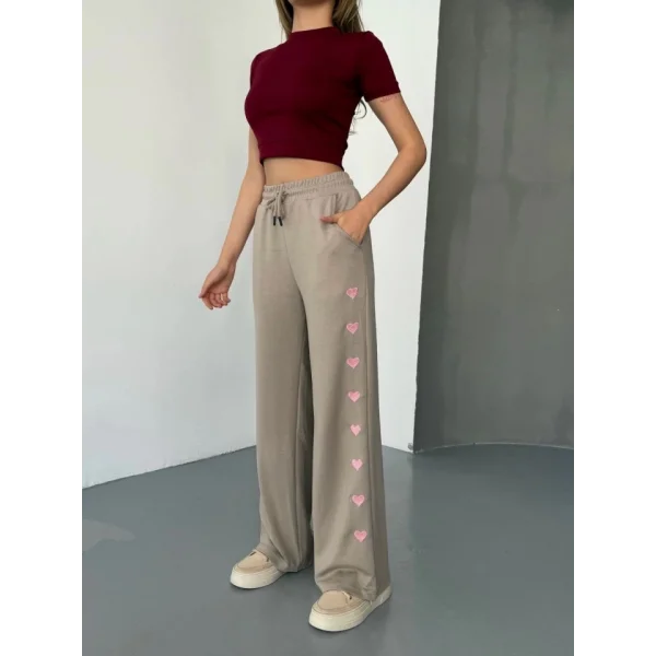 Osy Modal Yumuşak Dokulu Kumaş Nakış Işlemeli Rahat Bol Paça Eşofman Pantalon - Bej