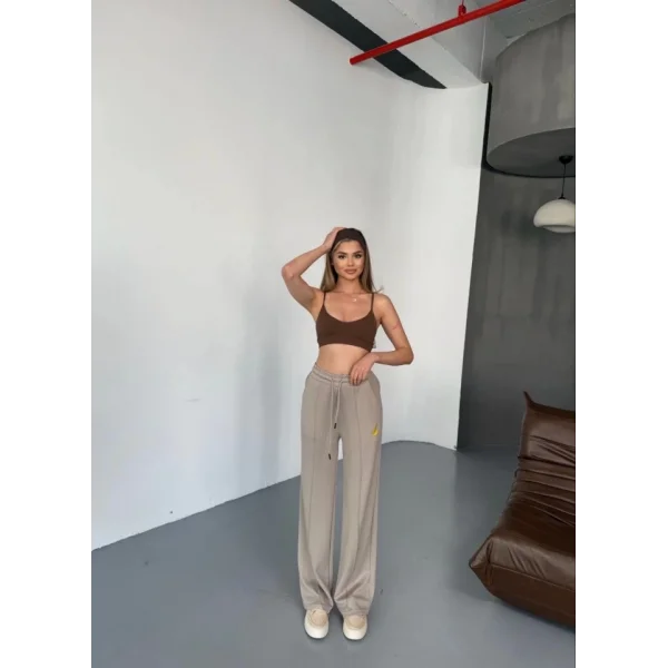 Osy Modal Yumuşak Dokulu Kumaş Nakış Işlemeli Rahat Bol Paça Eşofman Pantalon - Bej