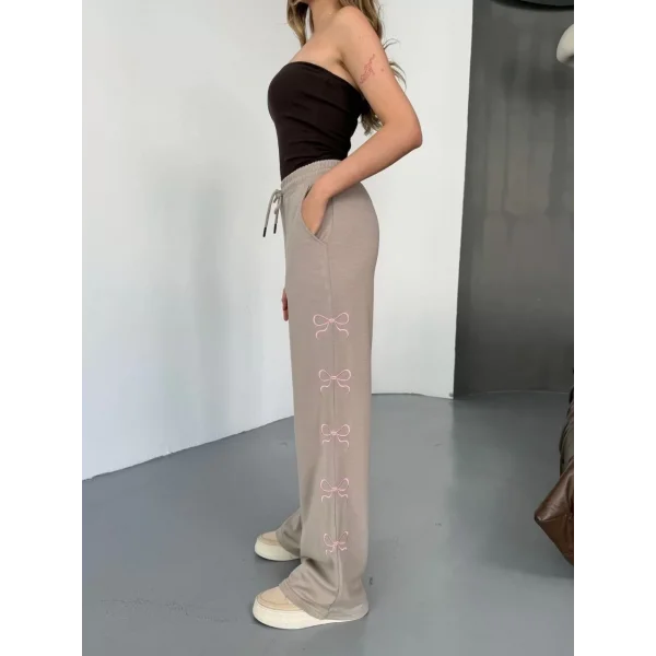 Osy Modal Yumuşak Dokulu Kumaş Nakış işlemeli Rahat Bol Paça Eşofman Pantalon - Bej