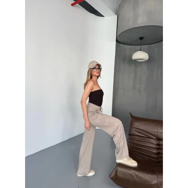 Osy Modal Yumuşak Dokulu Kumaş Nakış Işlemeli Rahat Bol Paça Eşofman Pantalon - Bej