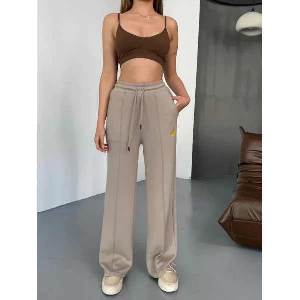 Osy Modal Yumuşak Dokulu Kumaş Nakış işlemeli Rahat Bol Paça Eşofman Pantalon - Bej