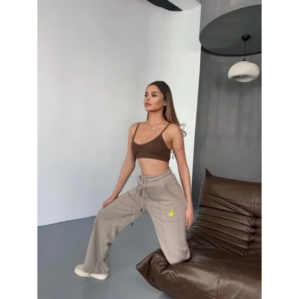 Osy Modal Yumuşak Dokulu Kumaş Nakış işlemeli Rahat Bol Paça Eşofman Pantalon - Bej