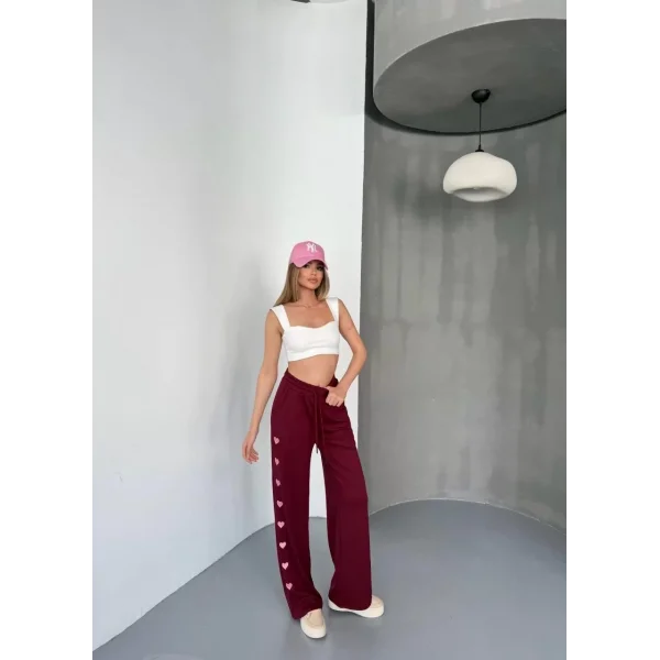 Osy Modal Yumuşak Dokulu Kumaş Nakış işlemeli Rahat Bol Paça Eşofman Pantalon - Bordo