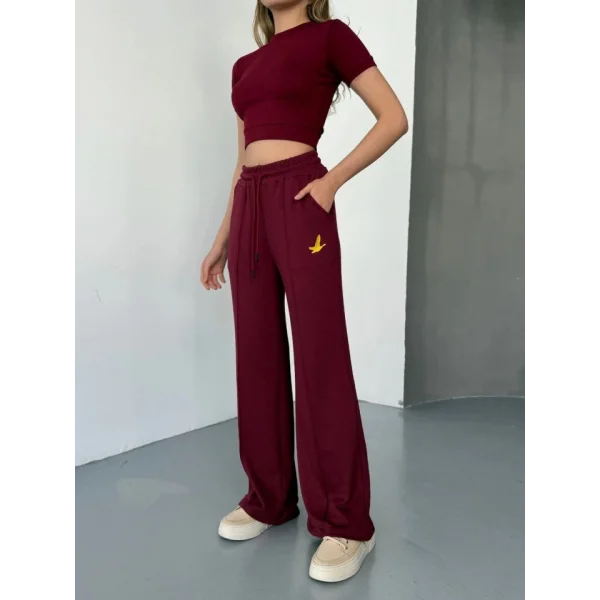 Osy Modal Yumuşak Dokulu Kumaş Nakış Işlemeli Rahat Bol Paça Eşofman Pantalon - Bordo