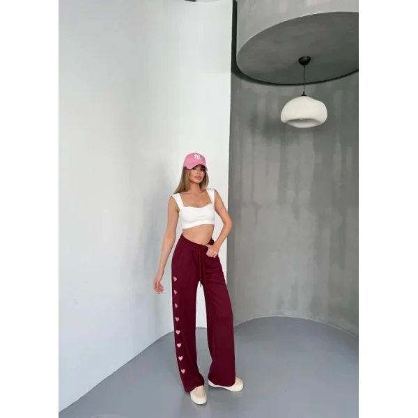 Osy Modal Yumuşak Dokulu Kumaş Nakış Işlemeli Rahat Bol Paça Eşofman Pantalon - Bordo