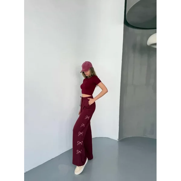 Osy Modal Yumuşak Dokulu Kumaş Nakış işlemeli Rahat Bol Paça Eşofman Pantalon - Bordo