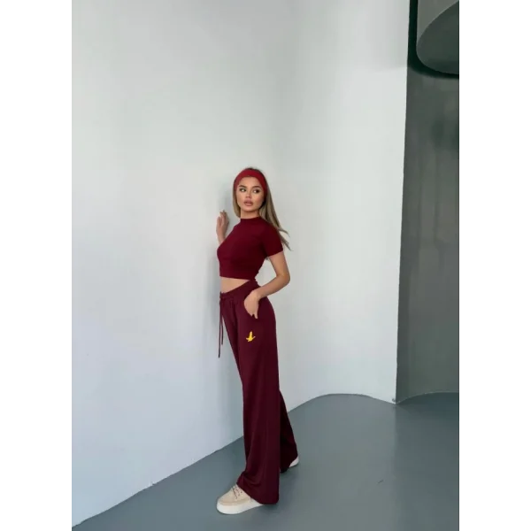 Osy Modal Yumuşak Dokulu Kumaş Nakış Işlemeli Rahat Bol Paça Eşofman Pantalon - Bordo