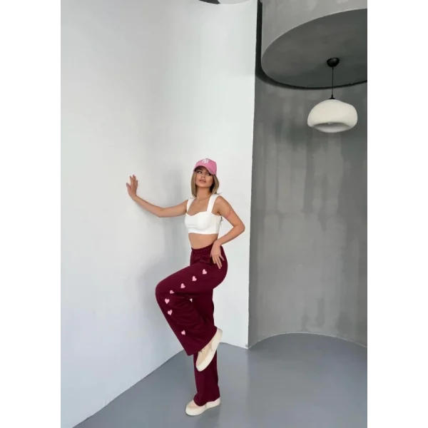 Osy Modal Yumuşak Dokulu Kumaş Nakış Işlemeli Rahat Bol Paça Eşofman Pantalon - Bordo