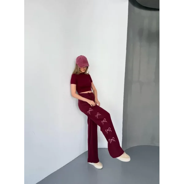 Osy Modal Yumuşak Dokulu Kumaş Nakış işlemeli Rahat Bol Paça Eşofman Pantalon - Bordo