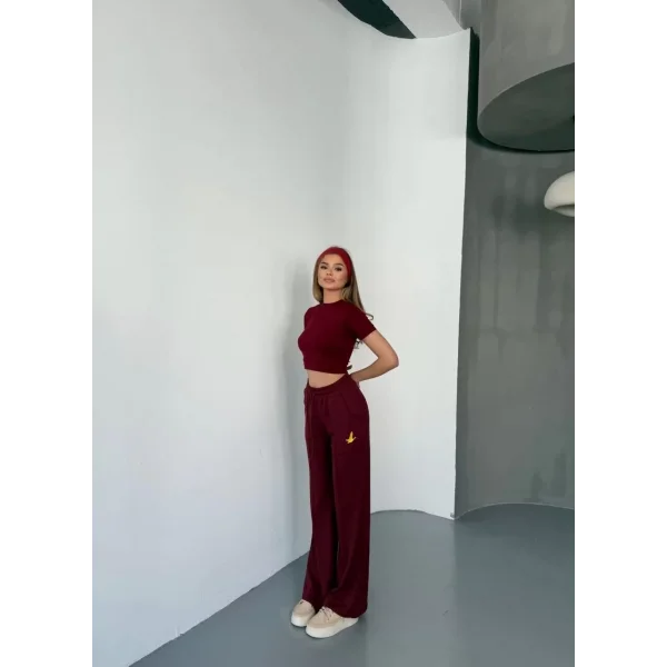 Osy Modal Yumuşak Dokulu Kumaş Nakış işlemeli Rahat Bol Paça Eşofman Pantalon - Bordo
