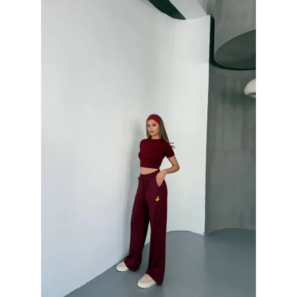 Osy Modal Yumuşak Dokulu Kumaş Nakış işlemeli Rahat Bol Paça Eşofman Pantalon - Bordo