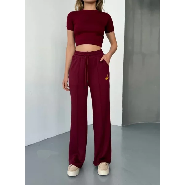 Osy Modal Yumuşak Dokulu Kumaş Nakış işlemeli Rahat Bol Paça Eşofman Pantalon - Bordo