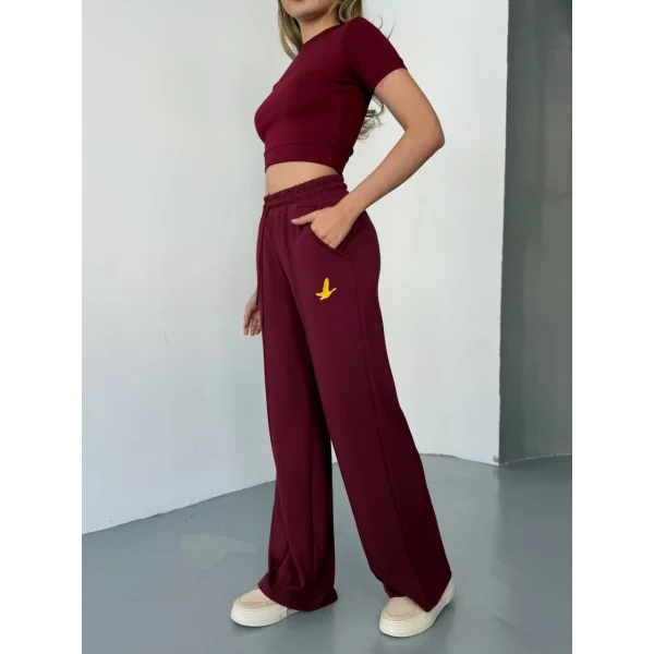 Osy Modal Yumuşak Dokulu Kumaş Nakış işlemeli Rahat Bol Paça Eşofman Pantalon - Bordo