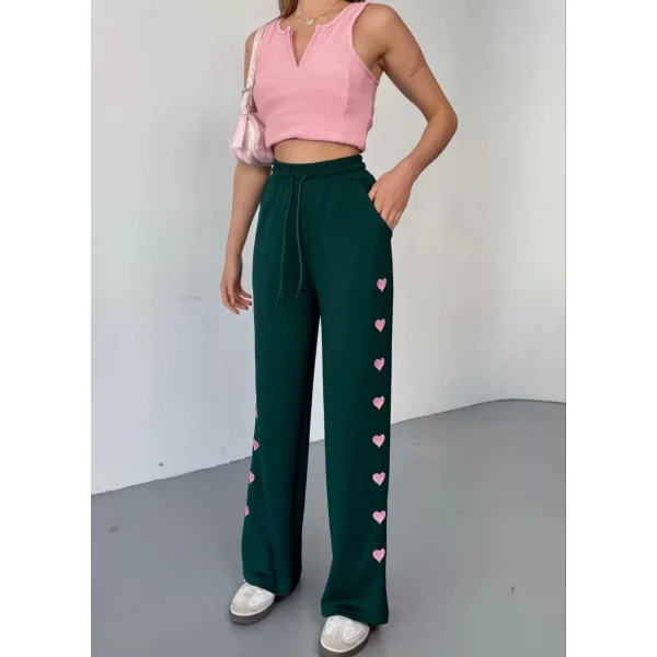 Osy Modal Yumuşak Dokulu Kumaş Nakış işlemeli Rahat Bol Paça Eşofman Pantalon - Haki