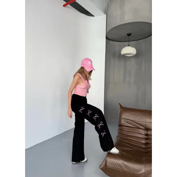 Osy Modal Yumuşak Dokulu Kumaş Nakış işlemeli Rahat Bol Paça Eşofman Pantalon - Siyah