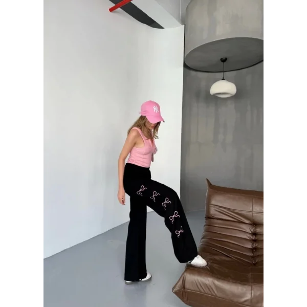 Osy Modal Yumuşak Dokulu Kumaş Nakış Işlemeli Rahat Bol Paça Eşofman Pantalon - Siyah