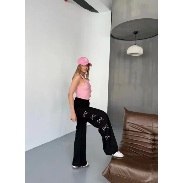 Osy Modal Yumuşak Dokulu Kumaş Nakış işlemeli Rahat Bol Paça Eşofman Pantalon - Siyah