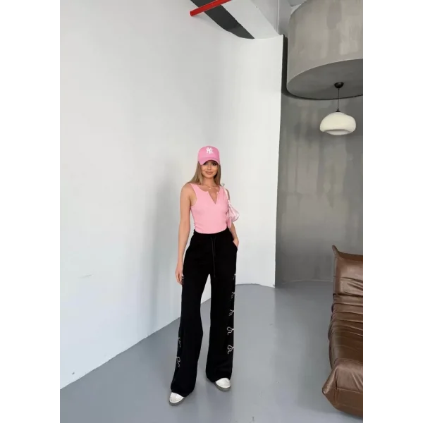 Osy Modal Yumuşak Dokulu Kumaş Nakış işlemeli Rahat Bol Paça Eşofman Pantalon - Siyah