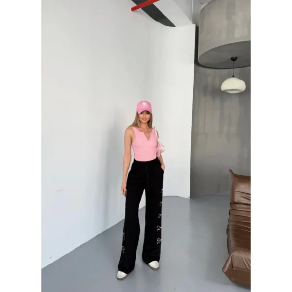 Osy Modal Yumuşak Dokulu Kumaş Nakış Işlemeli Rahat Bol Paça Eşofman Pantalon - Siyah