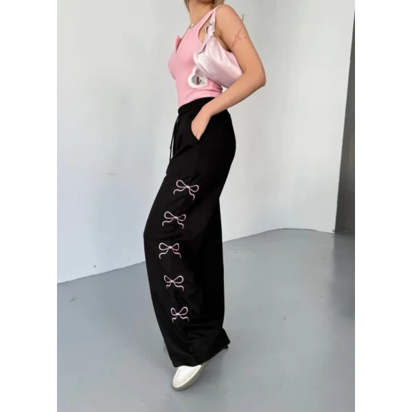 Osy Modal Yumuşak Dokulu Kumaş Nakış Işlemeli Rahat Bol Paça Eşofman Pantalon - Siyah