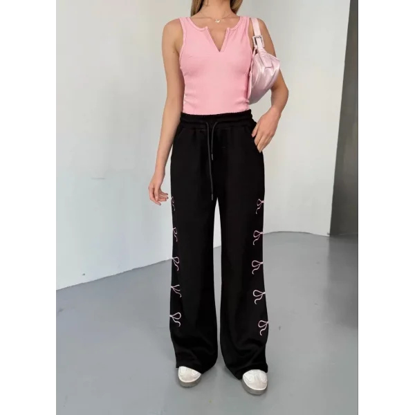 Osy Modal Yumuşak Dokulu Kumaş Nakış işlemeli Rahat Bol Paça Eşofman Pantalon - Siyah