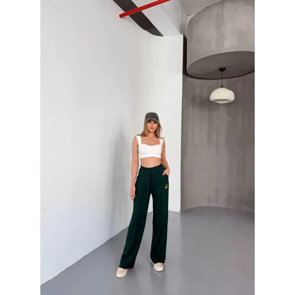 Osy Modal Yumuşak Dokulu Kumaş Nakış işlemeli Rahat Bol Paça Eşofman Pantalon - Yeşil