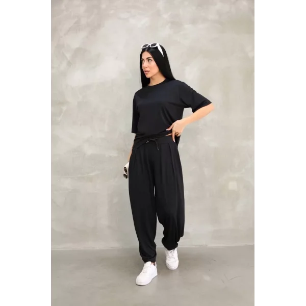 Osy Modal Yumuşak Dokulu Kumaş Oversize Bisiklet Yaka T-shirt Jogger Eşofman Altı Eşofman Takımı - Siyah