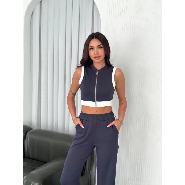Osy Modal Yumuşak Dokulu Kumaş Tam Fermuarlı Crop Pantalon İkili Takım - Antrasit
