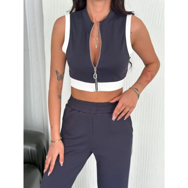 Osy Modal Yumuşak Dokulu Kumaş Tam Fermuarlı Crop Pantalon İkili Takım - Antrasit