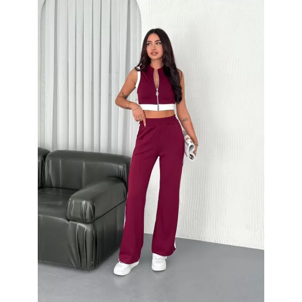 Osy Modal Yumuşak Dokulu Kumaş Tam Fermuarlı Crop Pantalon İkili Takım - Bordo