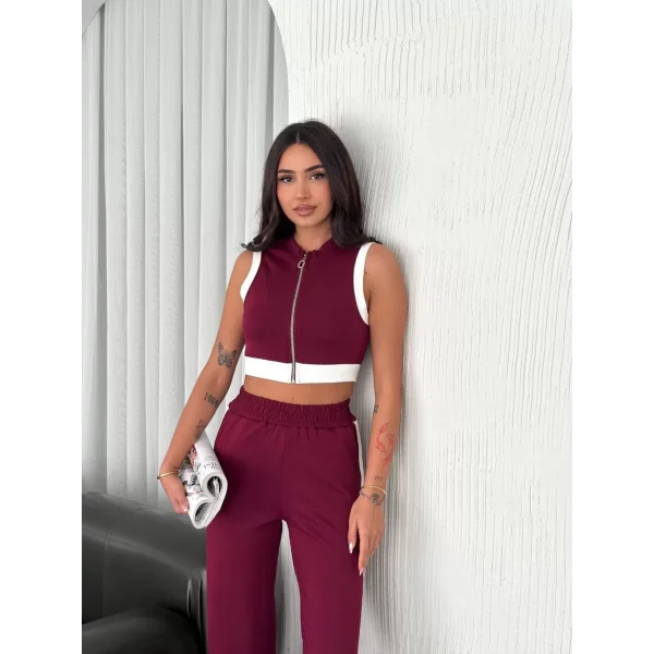 Osy Modal Yumuşak Dokulu Kumaş Tam Fermuarlı Crop Pantalon İkili Takım - Bordo