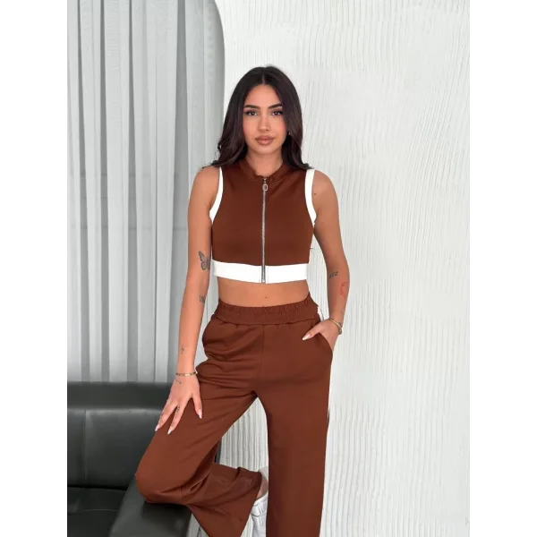 Osy Modal Yumuşak Dokulu Kumaş Tam Fermuarlı Crop Pantalon İkili Takım - Kahverengi