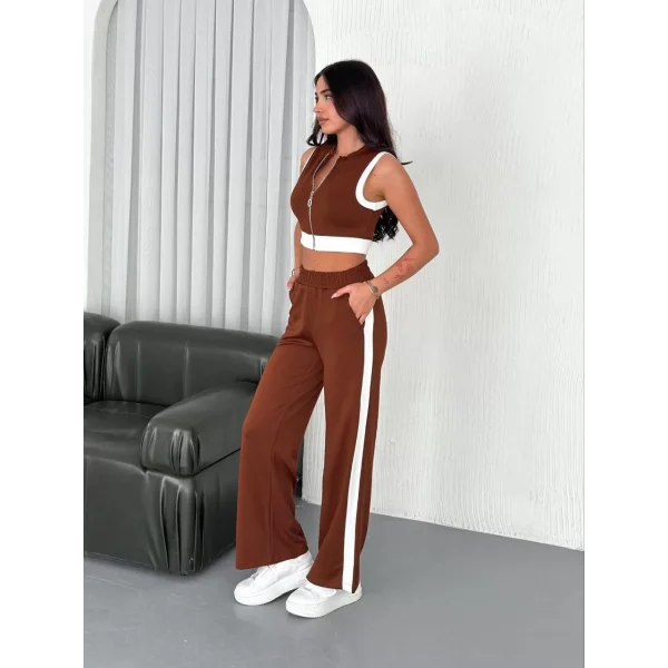 Osy Modal Yumuşak Dokulu Kumaş Tam Fermuarlı Crop Pantalon İkili Takım - Kahverengi