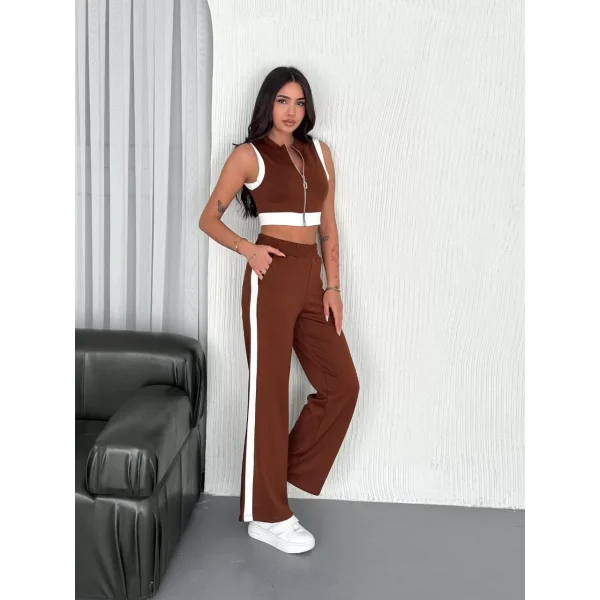 Osy Modal Yumuşak Dokulu Kumaş Tam Fermuarlı Crop Pantalon İkili Takım - Kahverengi