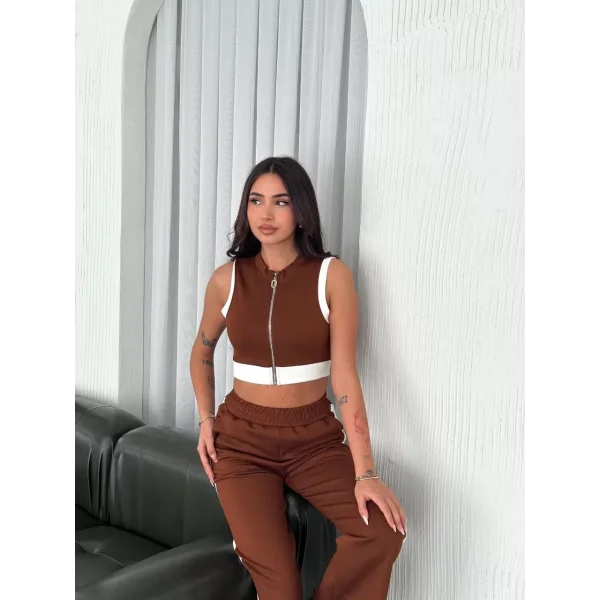 Osy Modal Yumuşak Dokulu Kumaş Tam Fermuarlı Crop Pantalon İkili Takım - Kahverengi