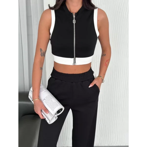 Osy Modal Yumuşak Dokulu Kumaş Tam Fermuarlı Crop Pantalon İkili Takım - Siyah