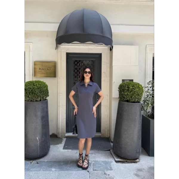 Osy Modal Yumuşak Dokulu Kumaş Yakalı Kısa Kollu Elbise - Füme